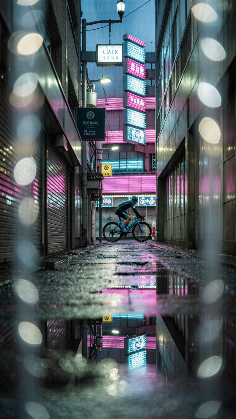 Futuristic Tokyo alley at night in the rain, glowing neon signs mirrored on wet asphalt, a lone cyclist in motion blur, cyan and magenta…