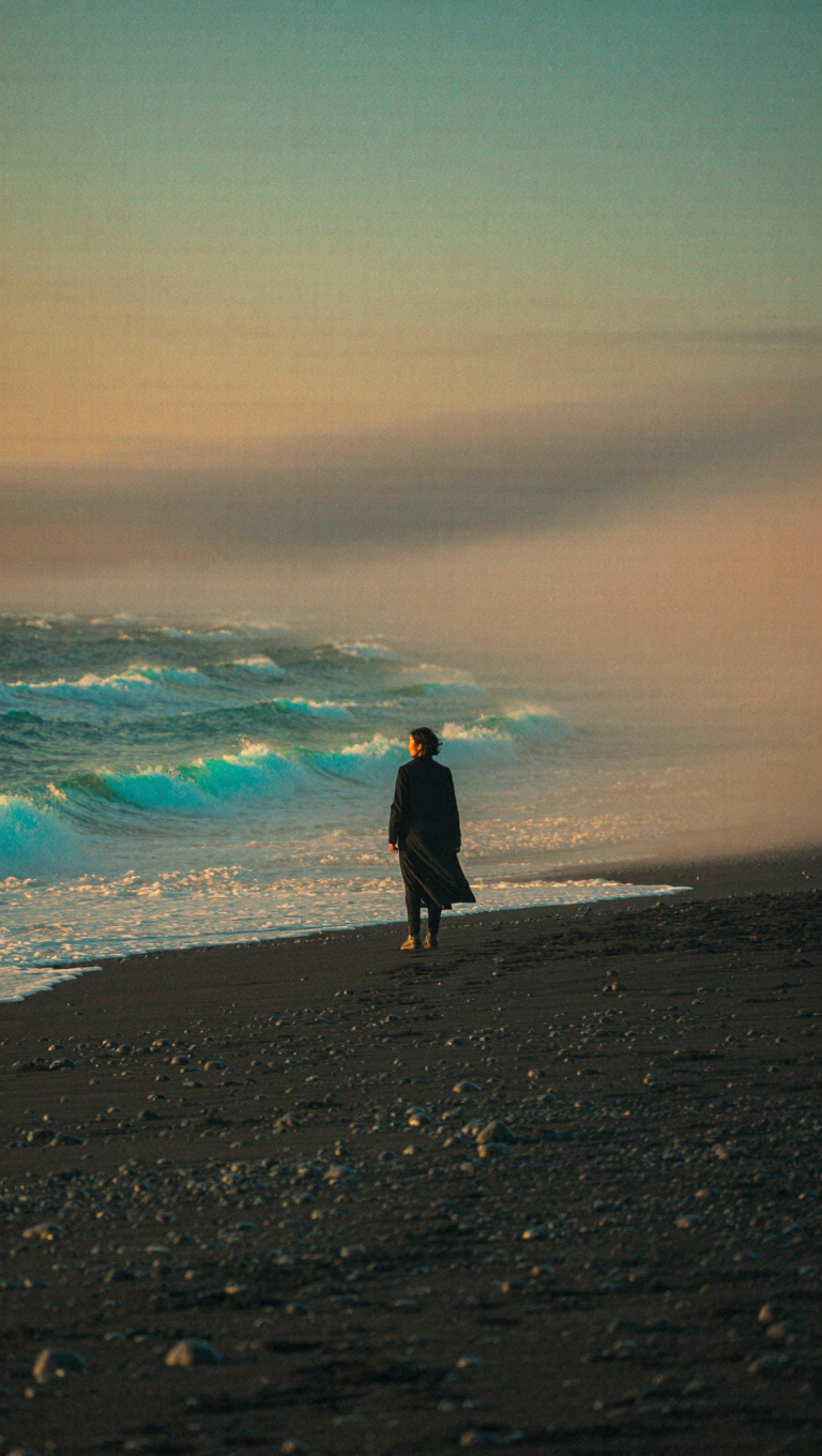 Cinematic wide shot of a lone figure on black volcanic sand at dawn, bioluminescent turquoise waves, low drifting fog, teal-and-amber…