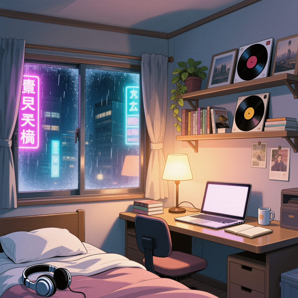 Cozy anime bedroom on a rainy Tokyo night, warm desk lamp, neon glow through the window, lofi aesthetic, soft cel shading, detailed 2D…