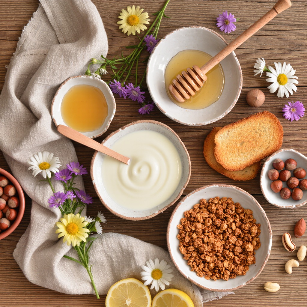 Overhead flat-lay of a rustic slow breakfast, cracked ceramic bowls, honey drizzle catching soft morning light, scattered wildflowers,…