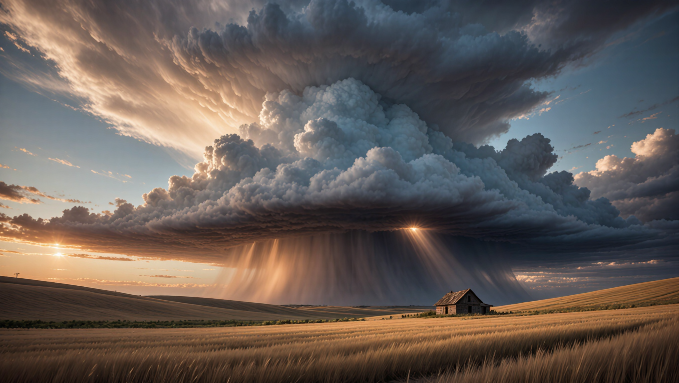 Dramatic storm supercell over golden wheat fields at dusk, towering mammatus clouds, a lone farmhouse, shafts of light breaking through,…