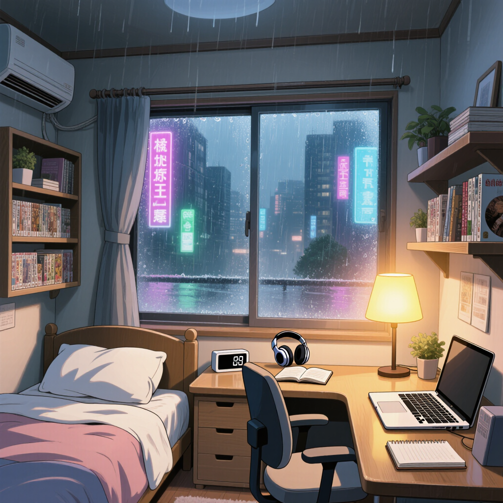 Cozy anime bedroom on a rainy Tokyo night, warm desk lamp, neon glow through the window, lofi aesthetic, soft cel shading, detailed 2D…