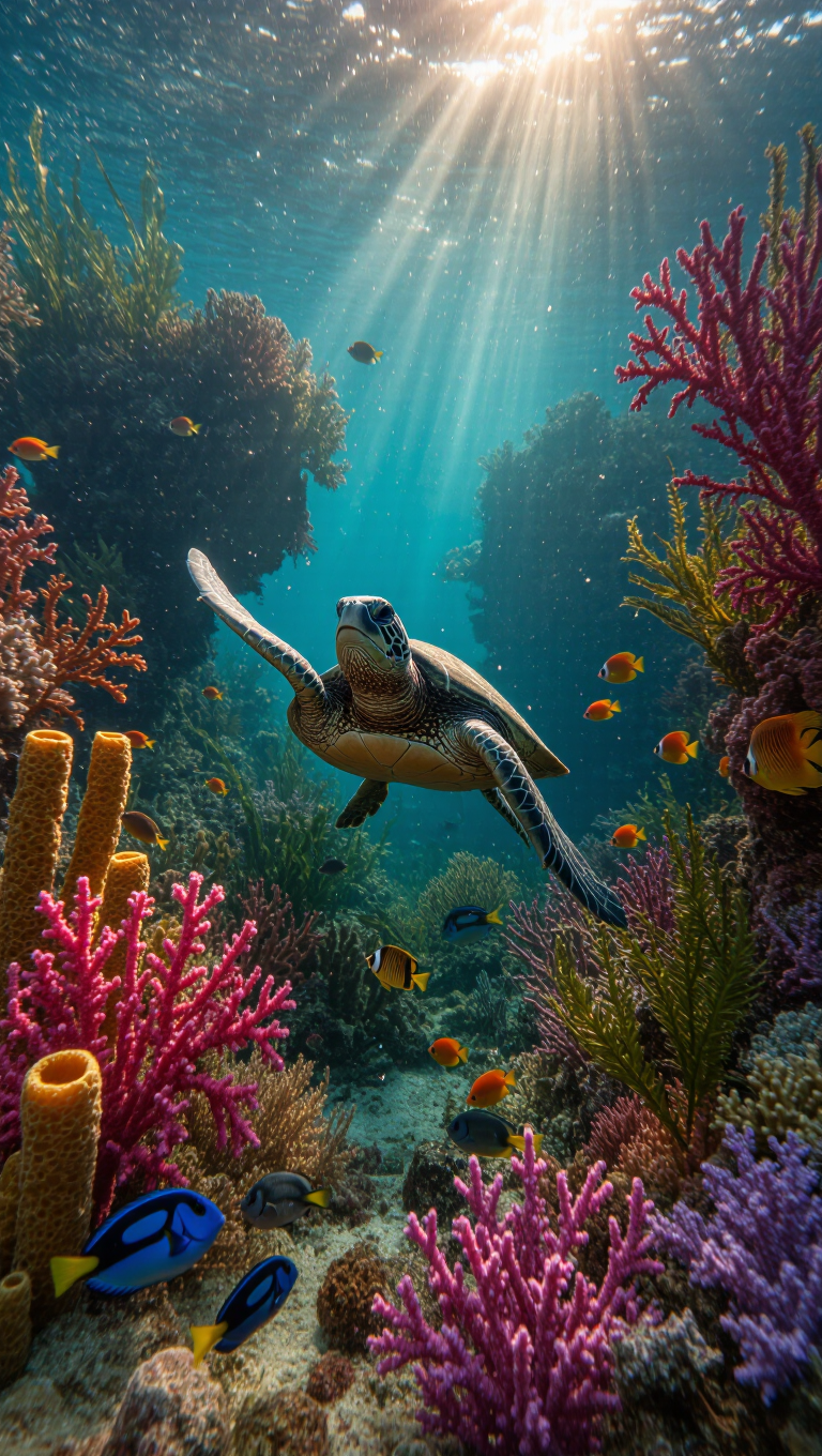 Underwater scene of a sea turtle gliding through a sunlit coral reef, god rays piercing turquoise water, vibrant corals, drifting…
