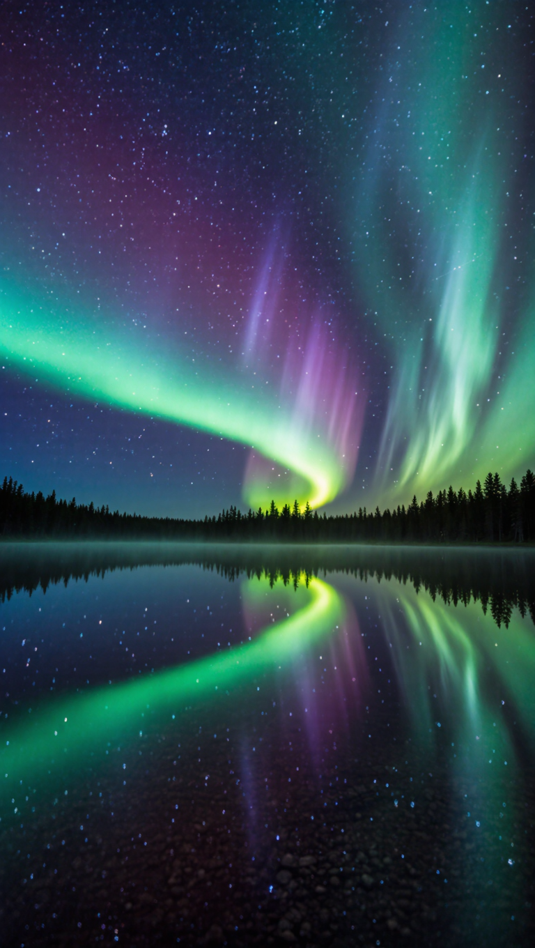 Aurora borealis over a glassy alpine lake at night, perfect mirror reflection, black pine silhouettes, deep indigo green and violet,…