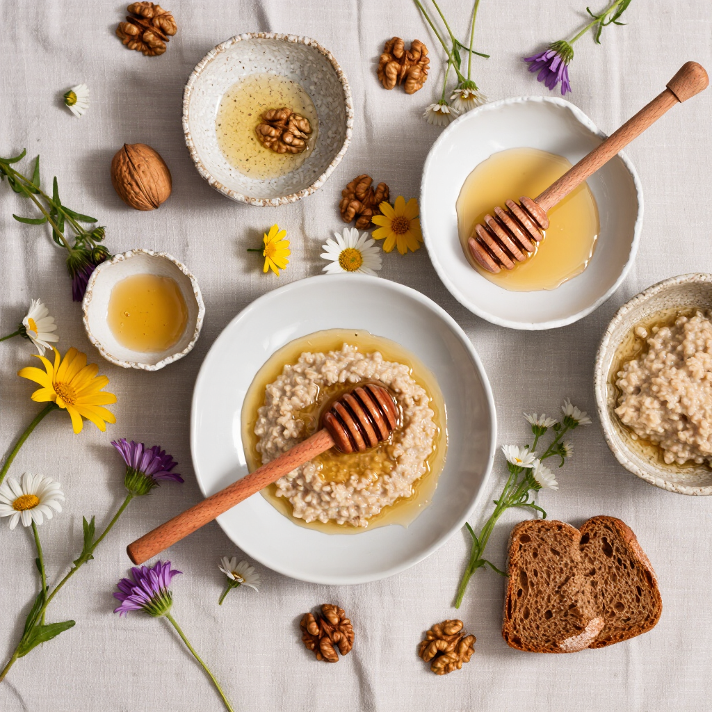 Overhead flat-lay of a rustic slow breakfast, cracked ceramic bowls, honey drizzle catching soft morning light, scattered wildflowers,…