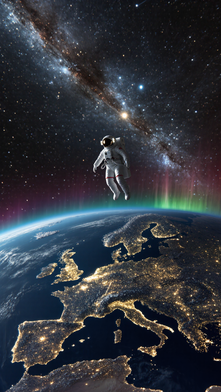 A single astronaut floating above Earth at the terminator line, city lights glowing on the dark side, aurora on the horizon, deep space,…