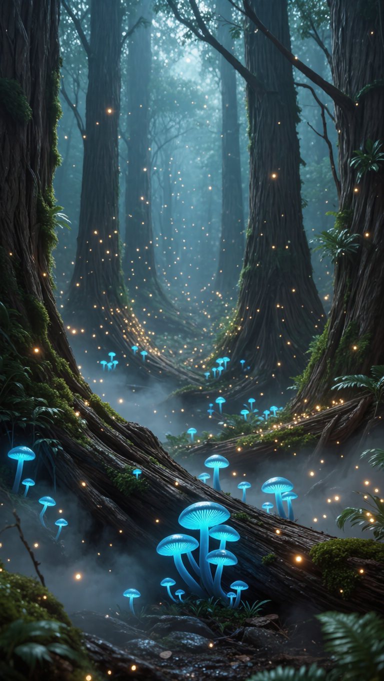 An enchanted bioluminescent forest at night, glowing blue mushrooms and drifting fireflies, soft mist between ancient mossy trees, magical…