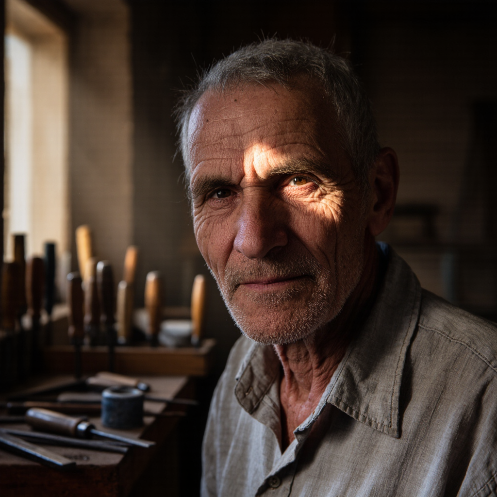 Intimate close-up portrait of an elderly craftsman, warm tungsten light through a dusty workshop window, deep shadows, weathered skin…