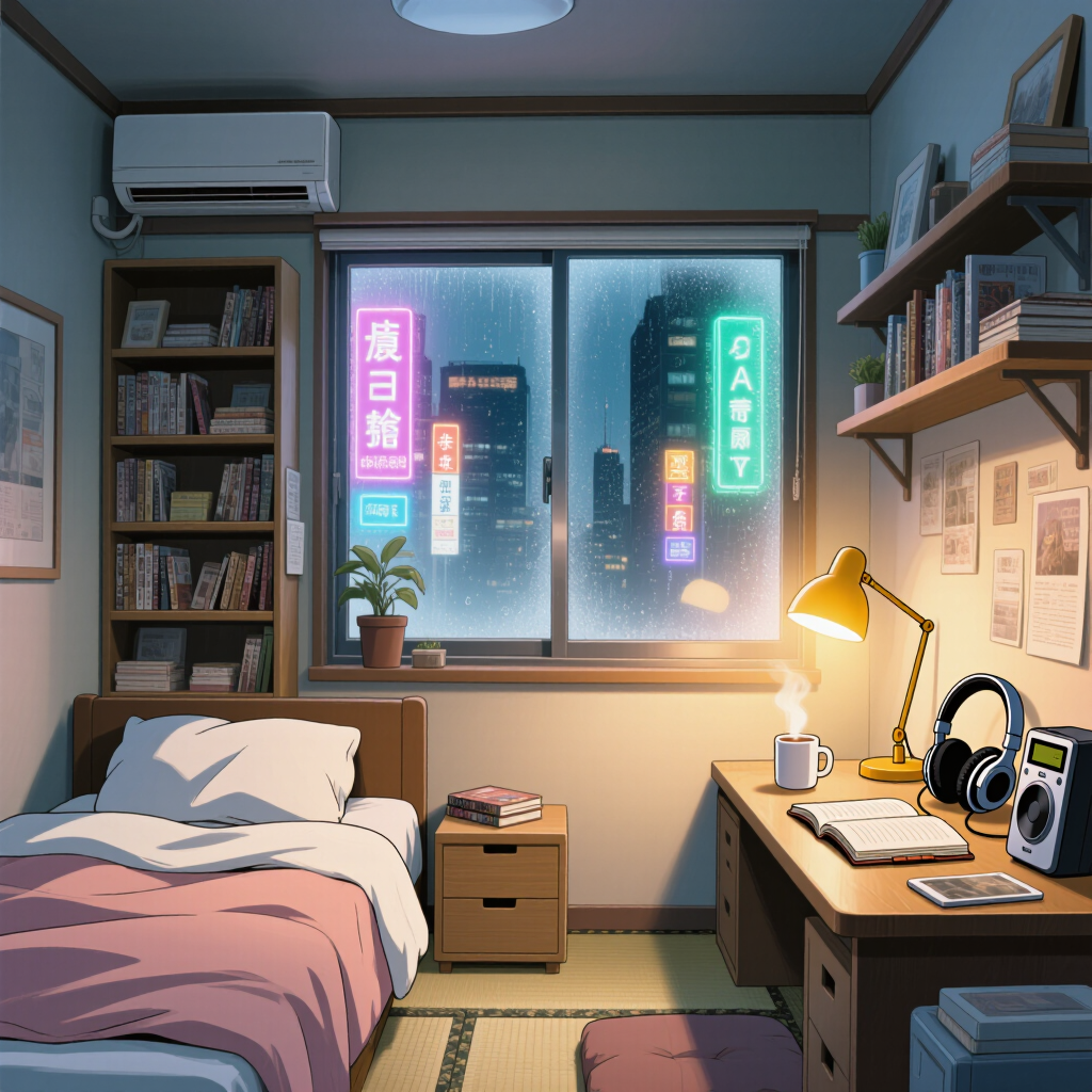 Cozy anime bedroom on a rainy Tokyo night, warm desk lamp, neon glow through the window, lofi aesthetic, soft cel shading, detailed 2D…