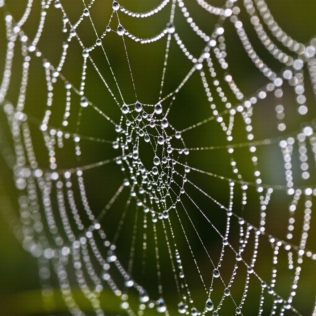 Extreme macro of morning dew on a spiderweb at sunrise, tiny rainbow refractions inside each droplet, soft green bokeh, ethereal,…