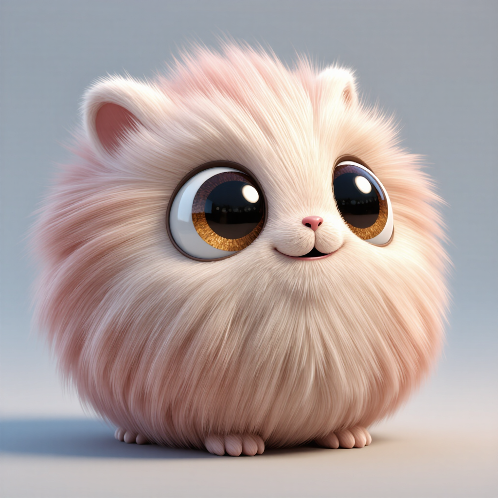 Adorable Pixar-style 3D character, a round fluffy creature with big expressive eyes, soft subsurface scattering, studio key light, Blender…