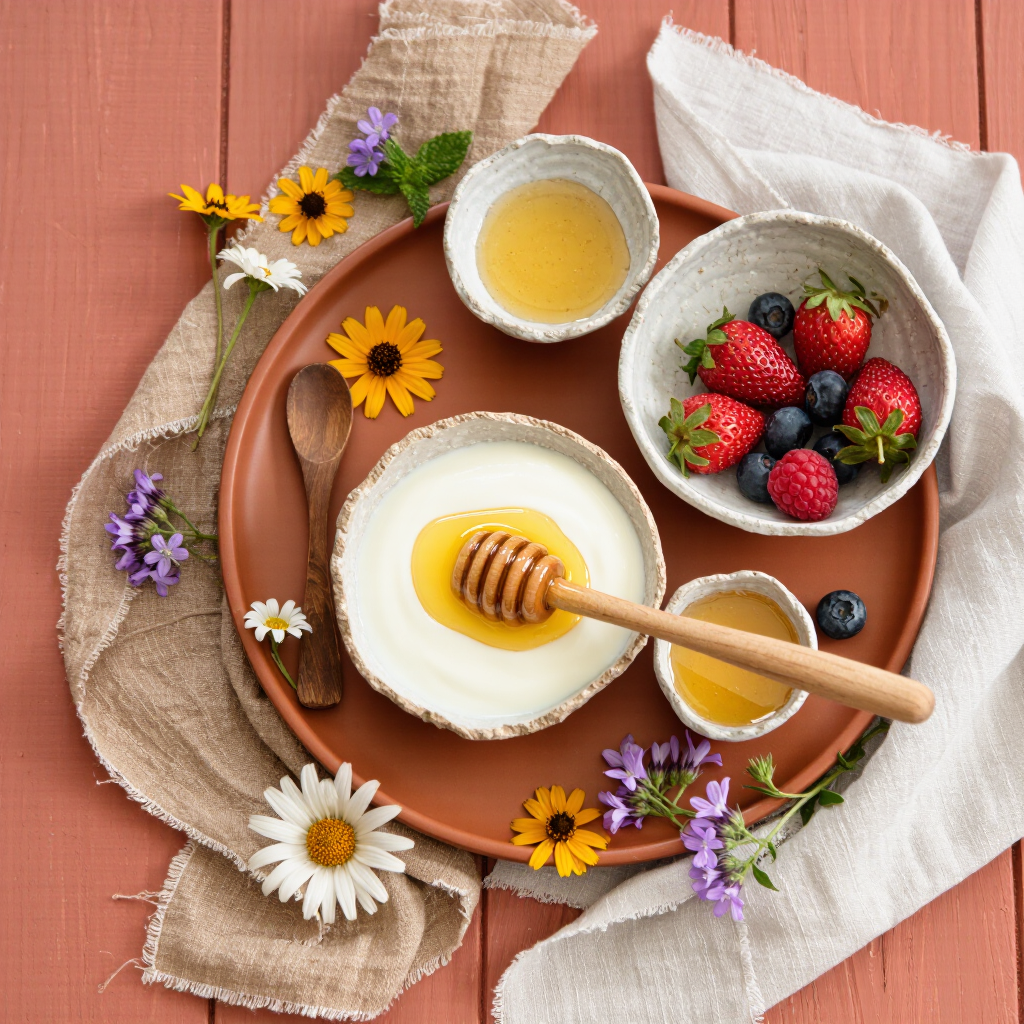 Overhead flat-lay of a rustic slow breakfast, cracked ceramic bowls, honey drizzle catching soft morning light, scattered wildflowers,…