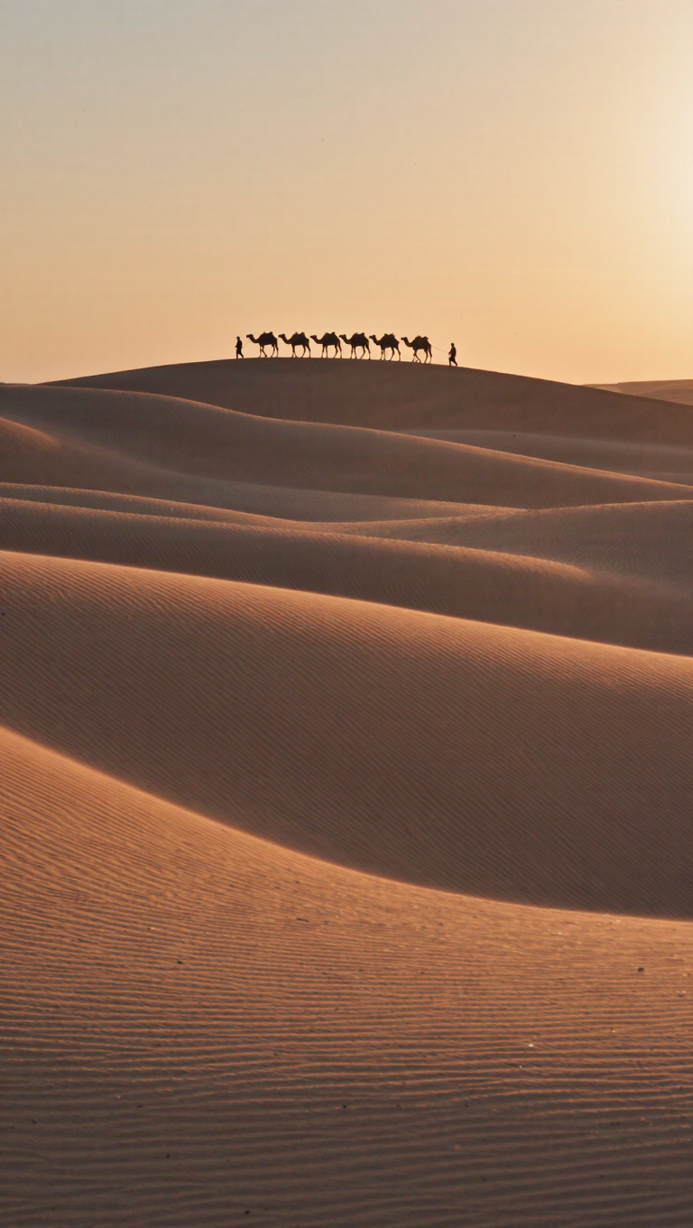 Golden-hour Sahara dunes, a lone camel caravan silhouette on a distant ridge, wind-sculpted ripples, warm amber and rose light, minimalist,…
