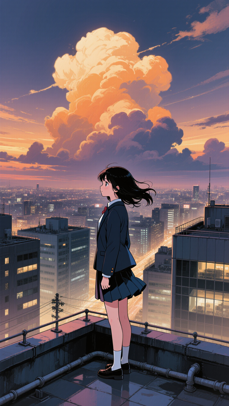 Anime key visual of a girl on a rooftop at sunset, wind in her hair, glowing city sprawl below, dramatic cumulus clouds, vibrant saturated…