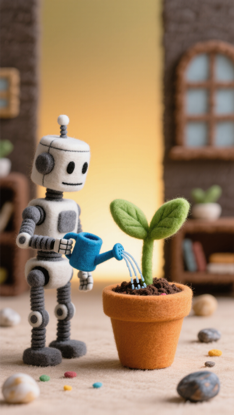 Claymation-style 3D scene of a tiny robot watering a potted plant, soft clay textures, warm diorama lighting, stop-motion aesthetic,…