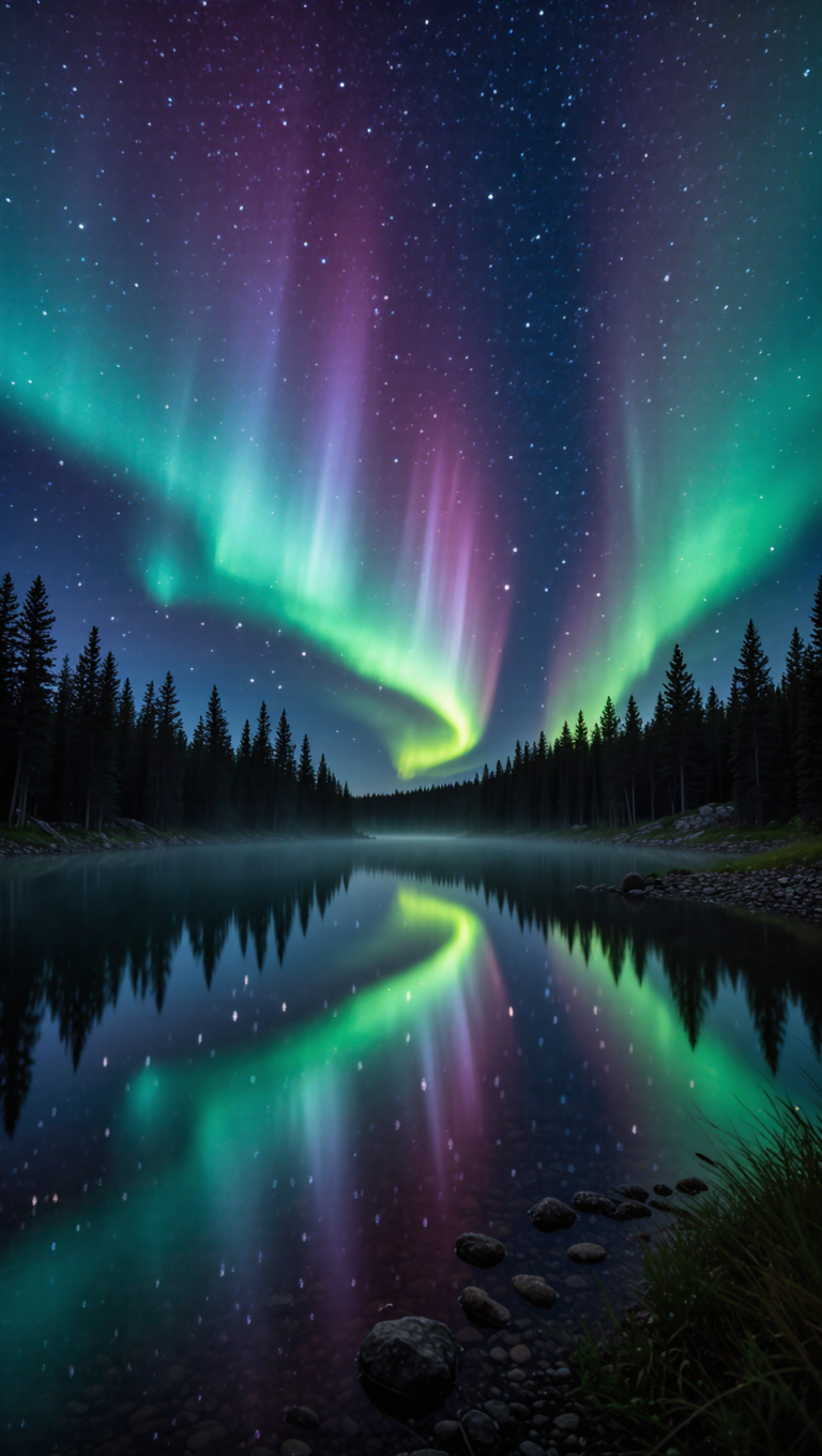 Aurora borealis over a glassy alpine lake at night, perfect mirror reflection, black pine silhouettes, deep indigo green and violet,…