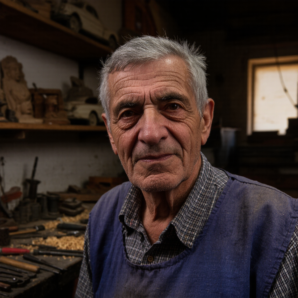 Intimate close-up portrait of an elderly craftsman, warm tungsten light through a dusty workshop window, deep shadows, weathered skin…