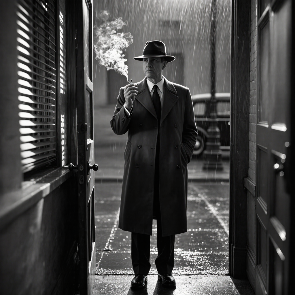 A vintage film-noir detective in a rain-soaked doorway, harsh venetian-blind shadows, cigarette smoke curling in a single beam of light,…
