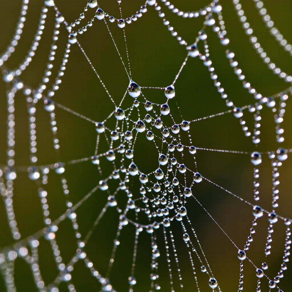 Extreme macro of morning dew on a spiderweb at sunrise, tiny rainbow refractions inside each droplet, soft green bokeh, ethereal,…