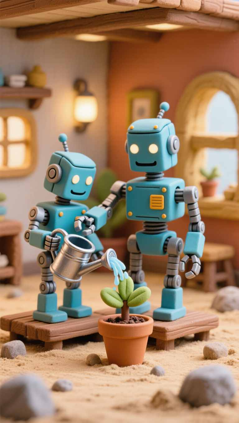 Claymation-style 3D scene of a tiny robot watering a potted plant, soft clay textures, warm diorama lighting, stop-motion aesthetic,…